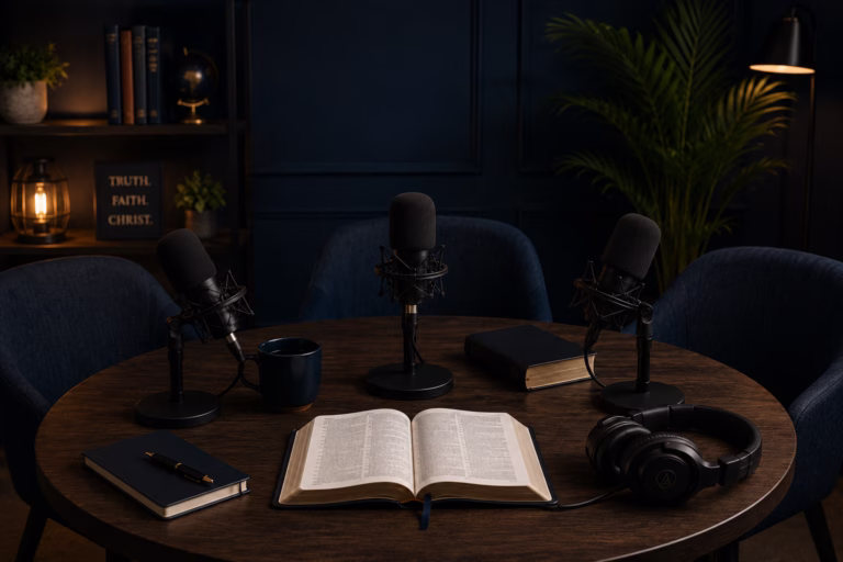 Podcast studio with an open Bible, microphones, and headphones representing the Shammah Outreach Movement podcast.